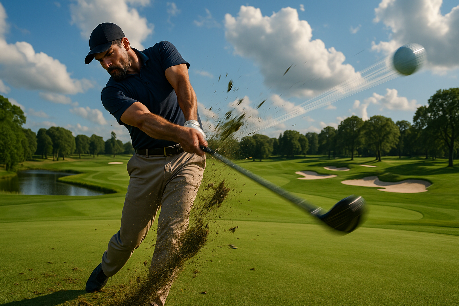 Poundtown Golf, EST 2025. Scene of golf course with player hitting golf ball very hard.